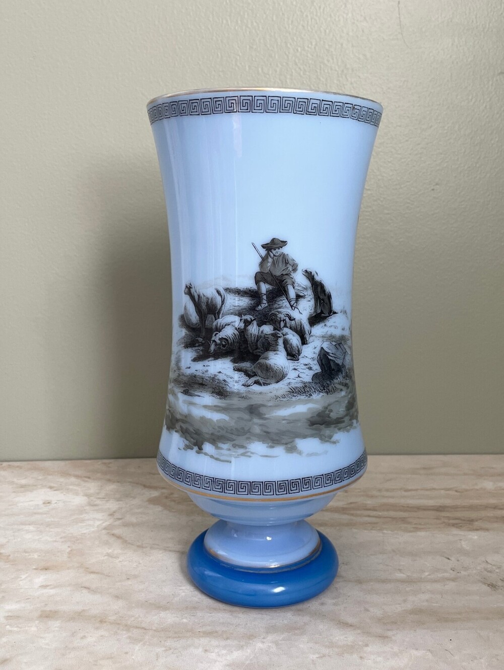 Vintage Blue Scenic Countryside Pedestal Vase | Traditional English Style